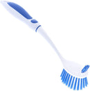 Blue and white dual-sided scrubber brush with ergonomic handle and tough bristles for kitchen and bath cleaning