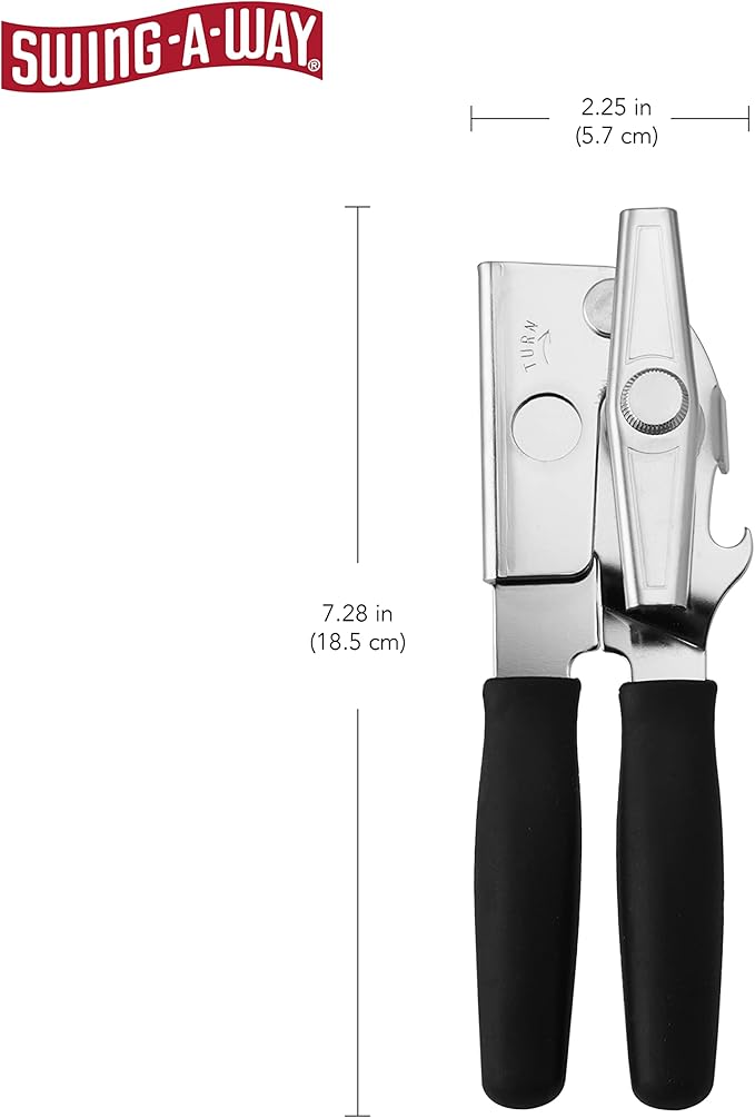 Dimensions for Black portable can opener with ergonomic cushioned handles and built-in bottle opener, displayed on a white background.