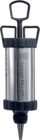 Stainless steel donut filling injector with comfortable grip handle on a white background.