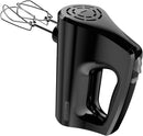 Black 5-speed hand mixer with beaters, whisks, and storage case on white background.