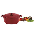 Cuisinart 7-quart enameled cast iron round casserole in cardinal red with matching lid and side handles, shown on a white background.