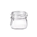 Clear glass Bormioli Rocco Fido jar featuring a hermetic seal created by a rubber ring and metal bail closure.
