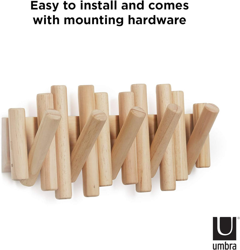 Umbra Picket 5 Hooks, Wall-Mounted Rail, Doubles as Art, Beveled Pine Wood Dowels, Natural Finish
