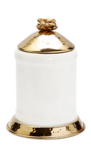 Small White Glass Canister with Gold Hammered Base and Lid and Flower Knob