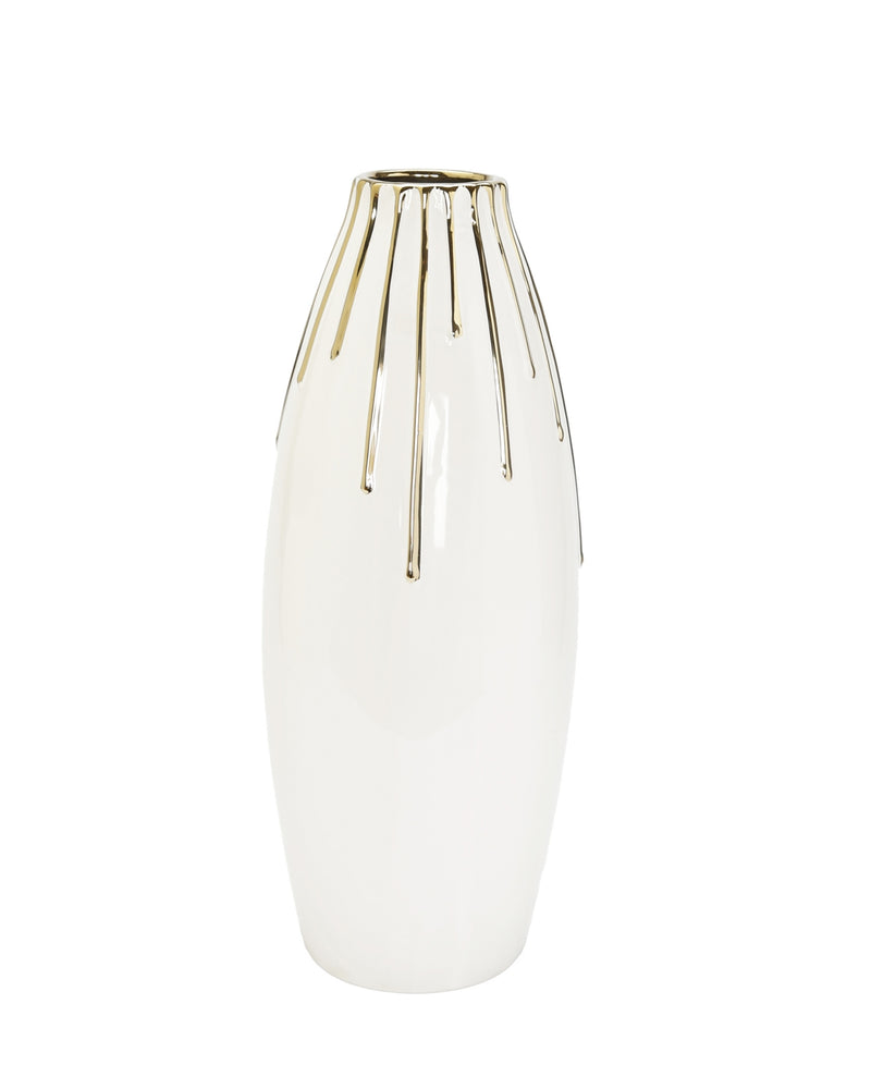 16" Tall White Vase with Gold Drip