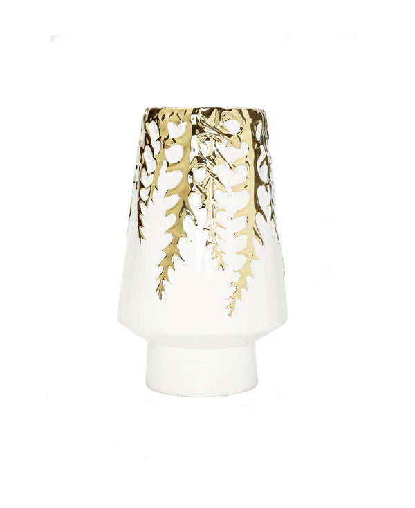 10" White Ceramic Vase with Gold Design