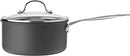 A black 3-quart nonstick saucepan with a glass lid and stainless steel handle on a white background.