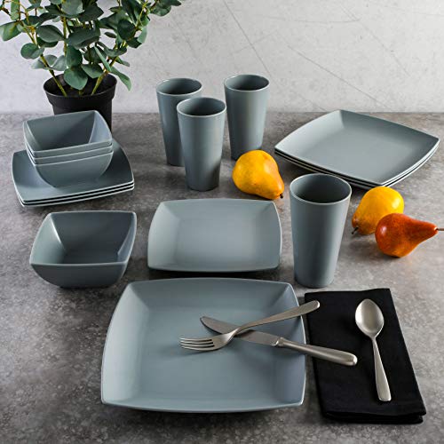 Gibson Home Soho Grayson Square Melamine Plastic Dinnerware Set, Service for Four (16pcs), Grey