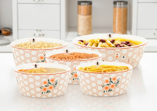 5pc Bone China Pasta Bowl Homey Comb Design