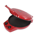 Red electric pizza maker with a cooked pizza inside, lid open, and controls visible.