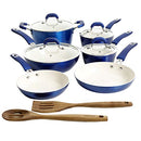 A full 12-piece nonstick cookware set with a shiny blue metallic exterior and white interior, including pots, pans, and two wooden utensils.
