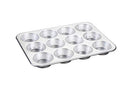  Nordic Ware natural aluminum 12-cup muffin pan with evenly spaced round cavities on a white background.