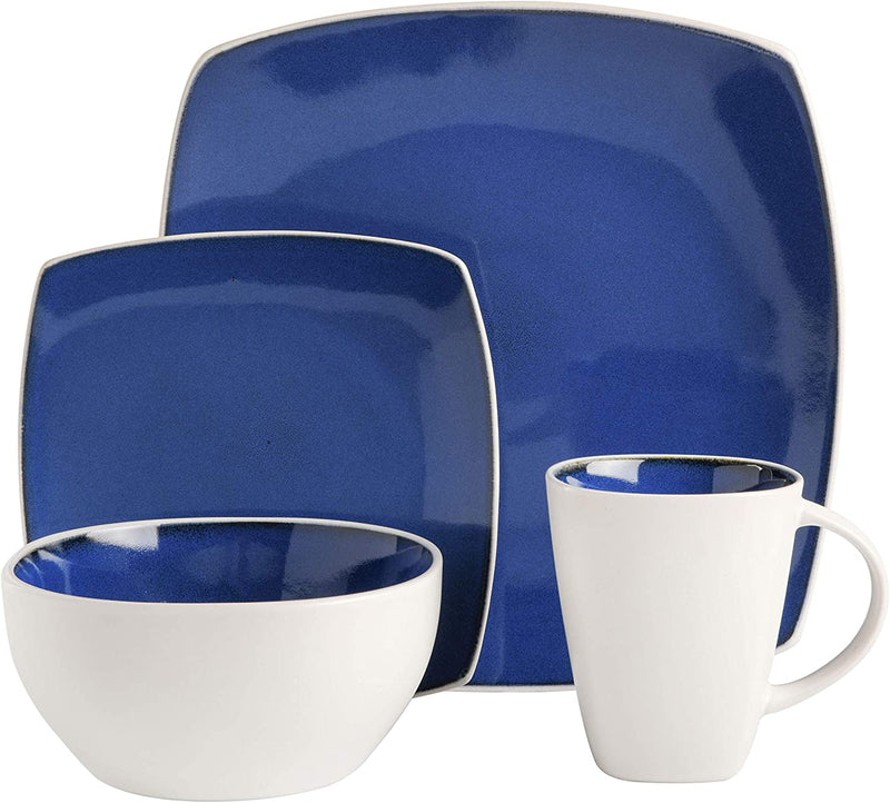 Gibson Soho Lounge Square Reactive Glaze Stoneware Dinnerware Set, Service for 4 (16pc), Blue/White