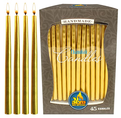 Dripless Chanukah Candles Standard Size - Metallic Gold Hanukkah Candles Fits Most Menorahs - Premium Quality Wax - 45 Count for All 8 Nights of Hanuk