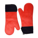 Elbee Home heat-resistant oven mitts in red silicone with extended black fabric cuffs for forearm protection and an easy-clean, non-slip grip.