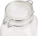 A clear, empty Bormioli Rocco 3 liter glass canning jar with a glass lid and metal wire clamp, suitable for food preservation.