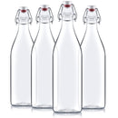 Set of four clear Bormioli Rocco Giara swing top bottles, each featuring a hermetic seal with a white stopper and red seal.
