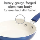 A full 12-piece nonstick cookware set with a shiny blue metallic exterior and white interior, including pots, pans, and two wooden utensils.