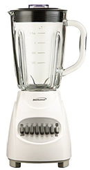Brentwood 12-Speed + Pulse Blender with a clear glass jar has a black lid and a clear glass handle. The white base has a series of 8 silver push-button controls on the front.