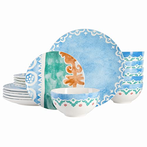 Spice by Tia Mowry Savory Saffron Decorated Coupe Porcelain Chip and Scratch Resistant Dinnerware Set, Golden Blue, 18-Piece