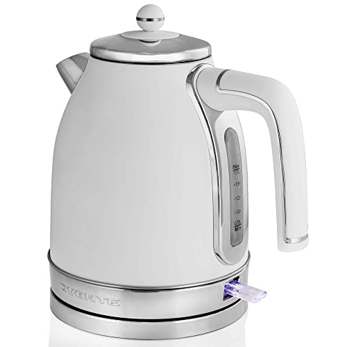 OVENTE Electric Stainless Steel Hot Water Kettle 1.7 Liter Victoria Collection, 1500 Watt Power Tea Maker Boiler with Auto Shut-Off Boil Dry Protection Removable Filter and Water Gauge, White Matte