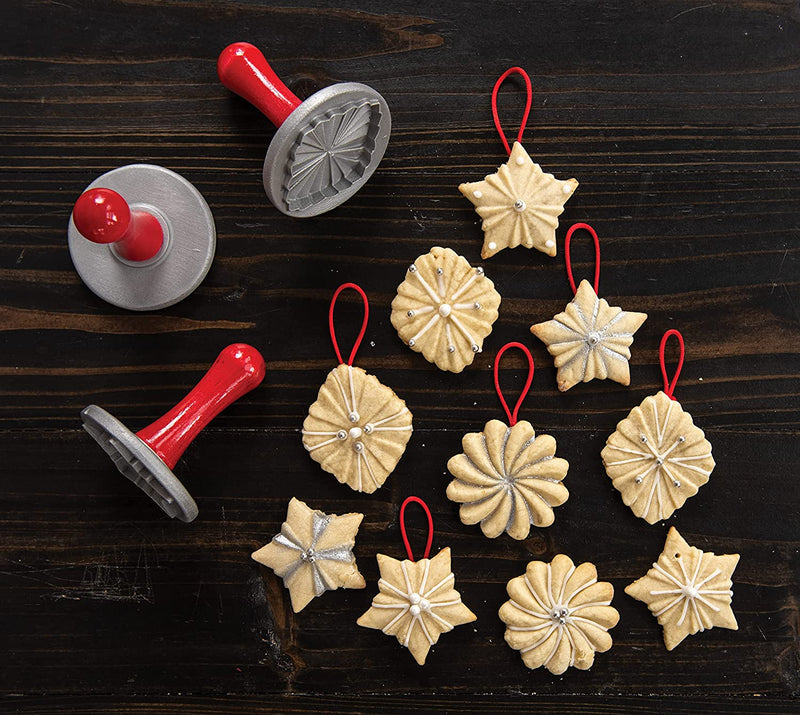 Nordic Ware Pretty Pleated Cookie Stamps, 3-Piece, Natural with red handles