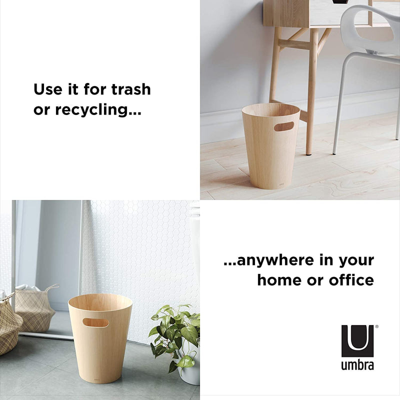 Umbra Woodrow, Natural 2 Gallon Modern Wooden Trash Can Wastebasket or Recycling Bin