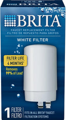 White Brita On Tap Water Filtration System Replacement Filter in retail packaging on a white background.