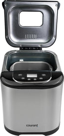 Courant automatic bread maker with a brushed stainless steel body, black accents, and a top-hinged black lid featuring a small digital screen, labeled control buttons, and a vented design.