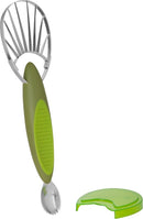Trudeau 2-in-1 avocado slicer with stainless steel blade and green ergonomic handle, shown on a white background.