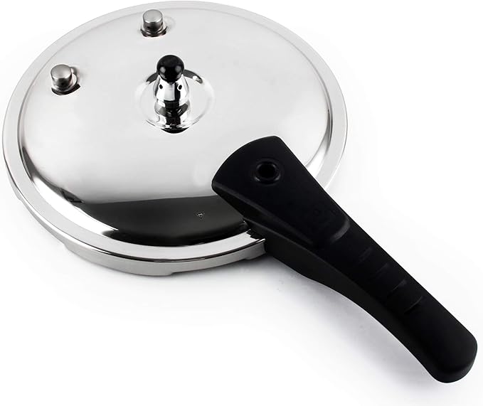 Stainless steel 6.7-quart pressure cooker lid with black handles and mirror polish finish, shown against a white background.