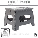 A grey foldable plastic step stool with a 200 lb weight capacity. The top surface has a non-slip pattern, and the dimensions are 12.5" (L) x 9" (W) x 10" (H).
