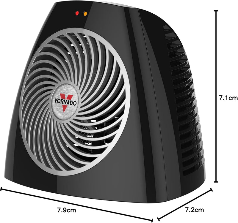 Black Vornado personal space heater with compact design and front grille on a white background.