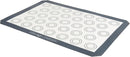 Gray silicone pastry mat with measurement markings, non-stick surface, ideal for baking cookies and pastries.