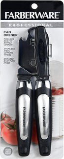 Close-up of a black and silver Farberware Professional Can Opener with a comfortable grip handle and a smooth-turning mechanism.