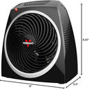 Black Vornado VH5 personal space heater with front grille and compact modern design on a white background.