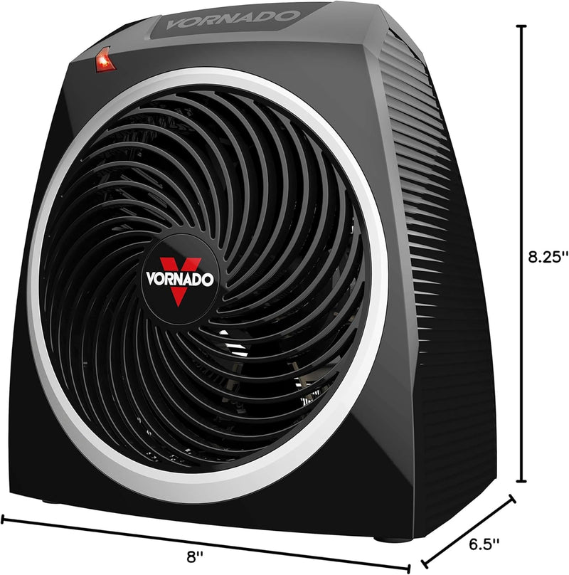 Black Vornado VH5 personal space heater with front grille and compact modern design on a white background.