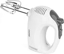 White electric hand mixer with two chrome beaters, showing its 150 watts of power, 5 variable speed settings with a slide control, and a beater eject button.