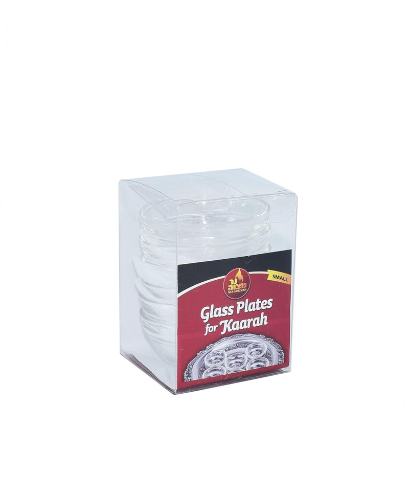 A clear plastic box containing a set of small glass bowls for a Seder plate, with a close-up of a single bowl shown.