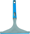 A blue and gray handheld squeegee. It has a broad, curved gray blade with a thin blue rubber edge and a blue handle with a gray, textured grip. A hanging loop is at the top of the handle.
