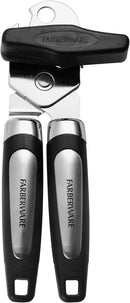 Close-up of a black and silver Farberware Professional Can Opener with a comfortable grip handle and a smooth-turning mechanism.
