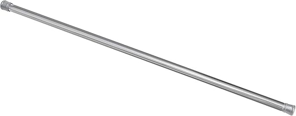 Chrome tension curtain rod with adjustable length, displayed diagonally on a white background.