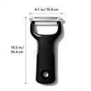 OXO Good Grips julienne peeler with stainless steel blade and soft non-slip handle on a white background.