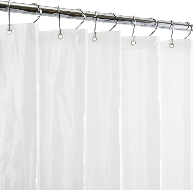 A frosted semi-sheer PVC shower curtain liner with rust-resistant copper grommets and magnetic hem, displayed on a white background.