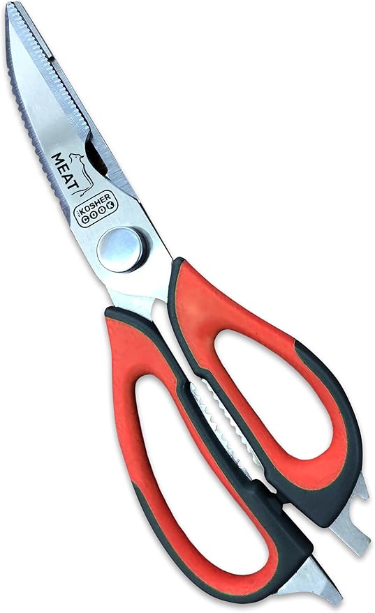 Red-handled heavy-duty kitchen shears with stainless steel blades on a white background.