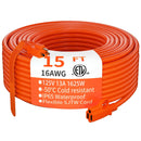 A coiled 15-foot orange extension cord with a label listing its specifications: 16AWG, 125V, 13A, 1625W.