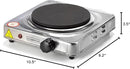 Stainless steel electric hot plate with a single, flat black burner. Features a temperature control knob and a red indicator light.