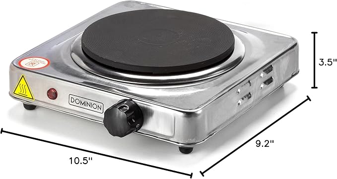 Dominion D1003S single electric hot plate burner with a stainless steel finish and flat heating surface, shown on a white background.