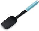 Black silicone spoon spatula with curved edges and an aqua sky handle, displayed on a white background.
