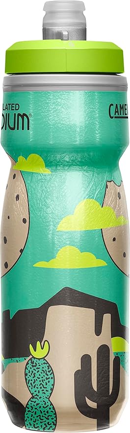CamelBak Podium Chill 21oz Insulated Bike Water Bottle in Cookie Crossroad design, featuring a sleek white body with colorful cookie-themed graphics and a black cap.